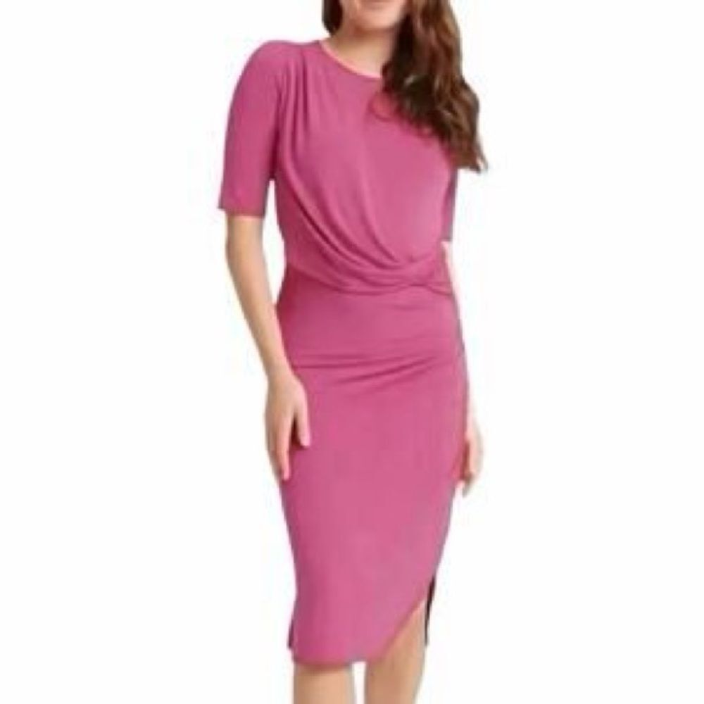 Betabrand Pink Draped Knot Waist Midi Dress Career Minimalist Core Size S